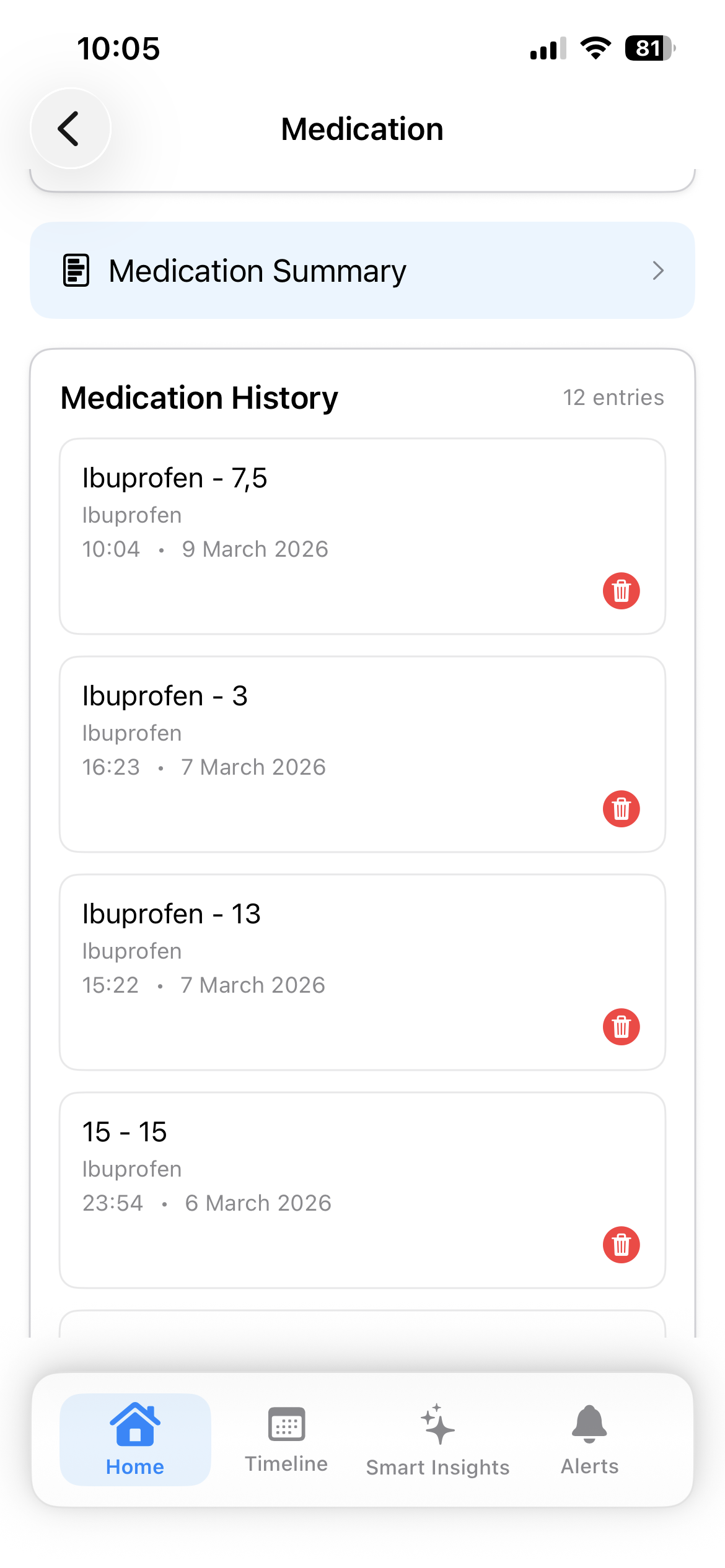 Medication detail screen in KidCare Tracker with dose and schedule